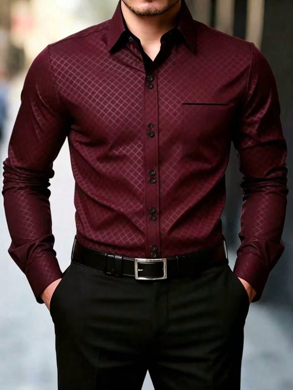 Burgundy Casual Men's Formal Striped Patchwork Long Sleeve Shirt